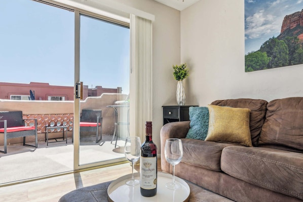 Enjoy the view from the serene living room or stream your favorites on the smart TV
