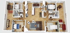 3D floor plan showcasing the main floor of this home. 4 bedrooms, 2 bathrooms, the kitchen, living room, dining room, and 2 game rooms.