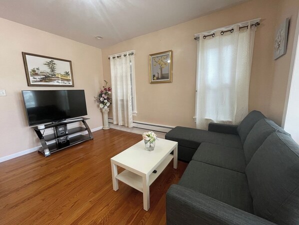 Quaint Living Room Area featuring Smart TV - Couch folds open to be used as a sleeper