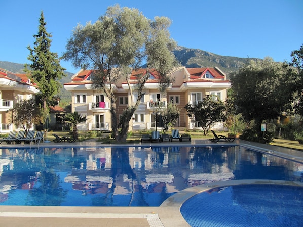 View of pool, apartment (top middle) and mountains