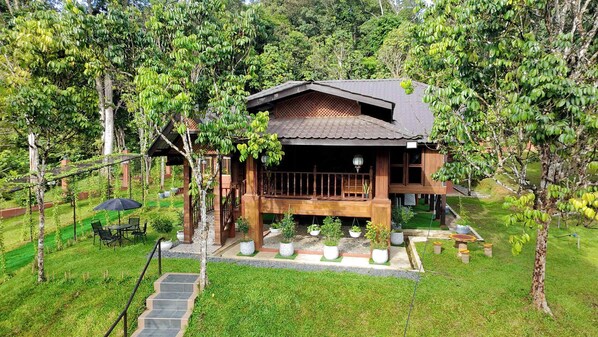 The house is set amidst tall trees, creating a peaceful and relaxing atmosphere, ideal for a retreat or vacation stay.