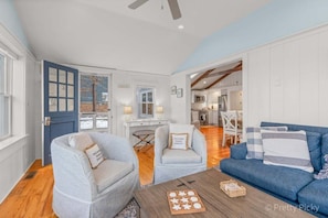 Family room opens into kitchen and dining area