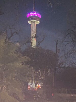 View of Hemisfair tower from porch at night