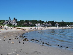 Looking down the sandy beach at low tide