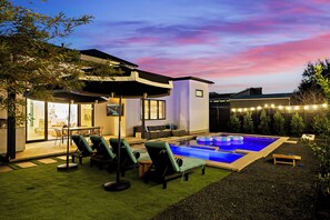Enchanting backyard with a breathtaking sunset sky