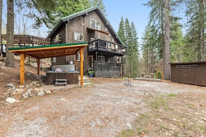 Outdoors with two decks and hot tub