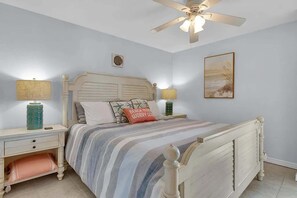 Cozy bedroom; queen bed & tranquil decor.