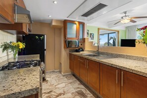 Spacious kitchen with modern appliances and ample counter space.