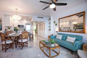 Stylish living room perfect for unwinding after a beach day.