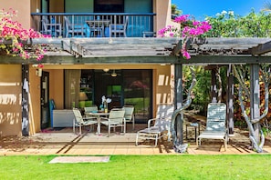 Lounge chairs and outdoor dining table