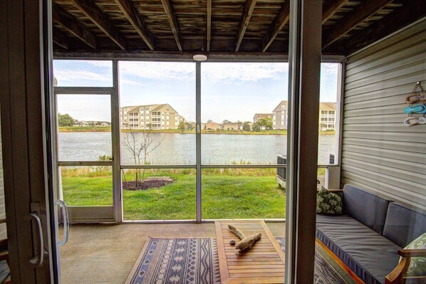 Relax on the porch overlooking the pond