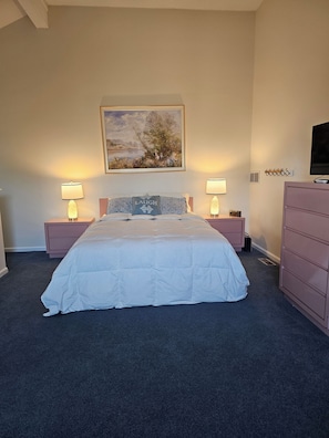 Master bedroom with queen size bed and comfy Duevet.