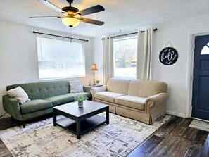 comfy couches, space to place air mattress