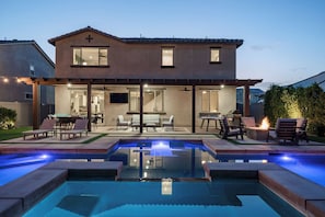 View looking over the spa into the patio area