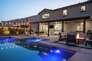 The pool's light features are perfect for enjoying a night time swim