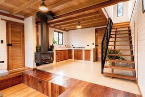 Kitchen & wood burning fireplace