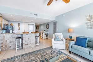 Kitchen area and living room