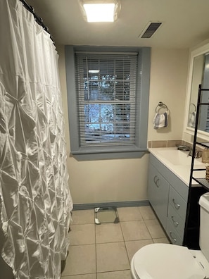 Full bath with hair drier and makeup mirror.