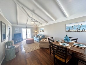 14-ft ceilings, smart TV (log in to personal streaming), French doors to balcony