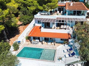 Aerial view to the villa and the outdoor areas, plenty of space to relax and enjoy your family or group