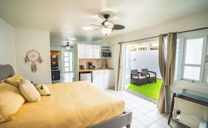 The Studio es well equipped with Kitchenette, Coffee Maker, Small Size Refrigerator with all utensils, plates & Microwave.