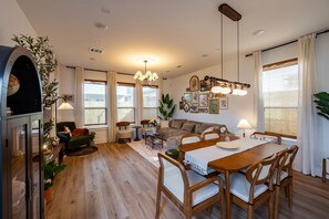 Dining space flows naturally into a living area.