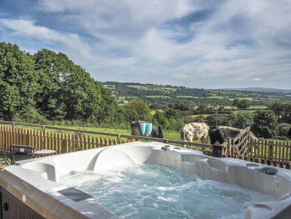 A hot tub on the terrace overlooking a field with cows