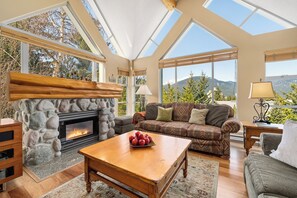 Double height ceiling in the bright living area