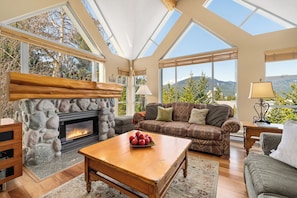 Double height ceiling in the bright living area
