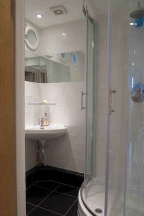 Bathroom with walk in shower, wc & basin