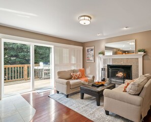 Cozy up by the fire or step out onto the deck for some fresh air.
