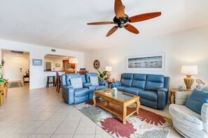 Relax on the comfortable couch after a long day at the beach