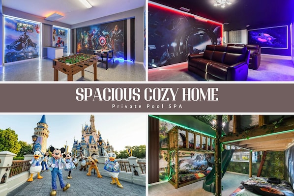 Epic themed home with game room, theater, and pool near Disney attractions.
