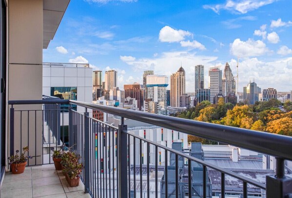 View of the city high rises from the balcony.