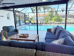 Lanai screened in with pool and hot tub.