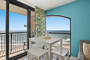 This dining area is the top spot to enjoy a beachfront dinner experience. The natural floor to ceiling windows fill the room with a natural light and warms your heart with breathtaking views that are sure to help build lasting memories of North MB.