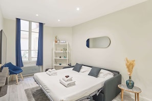 Grand studio avec canapé lit ouvert et cuisine