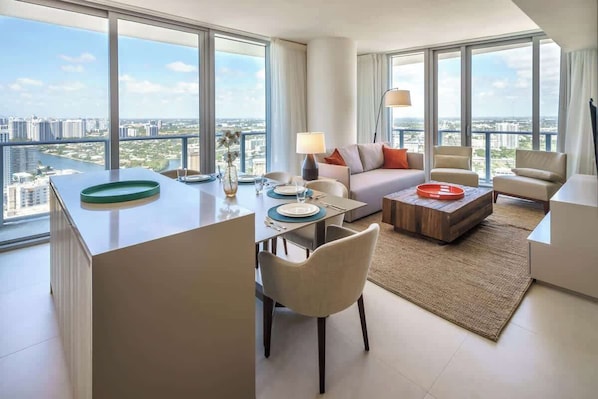 This is the great room, with an incredible corner view and FULL Porcelain Floor
