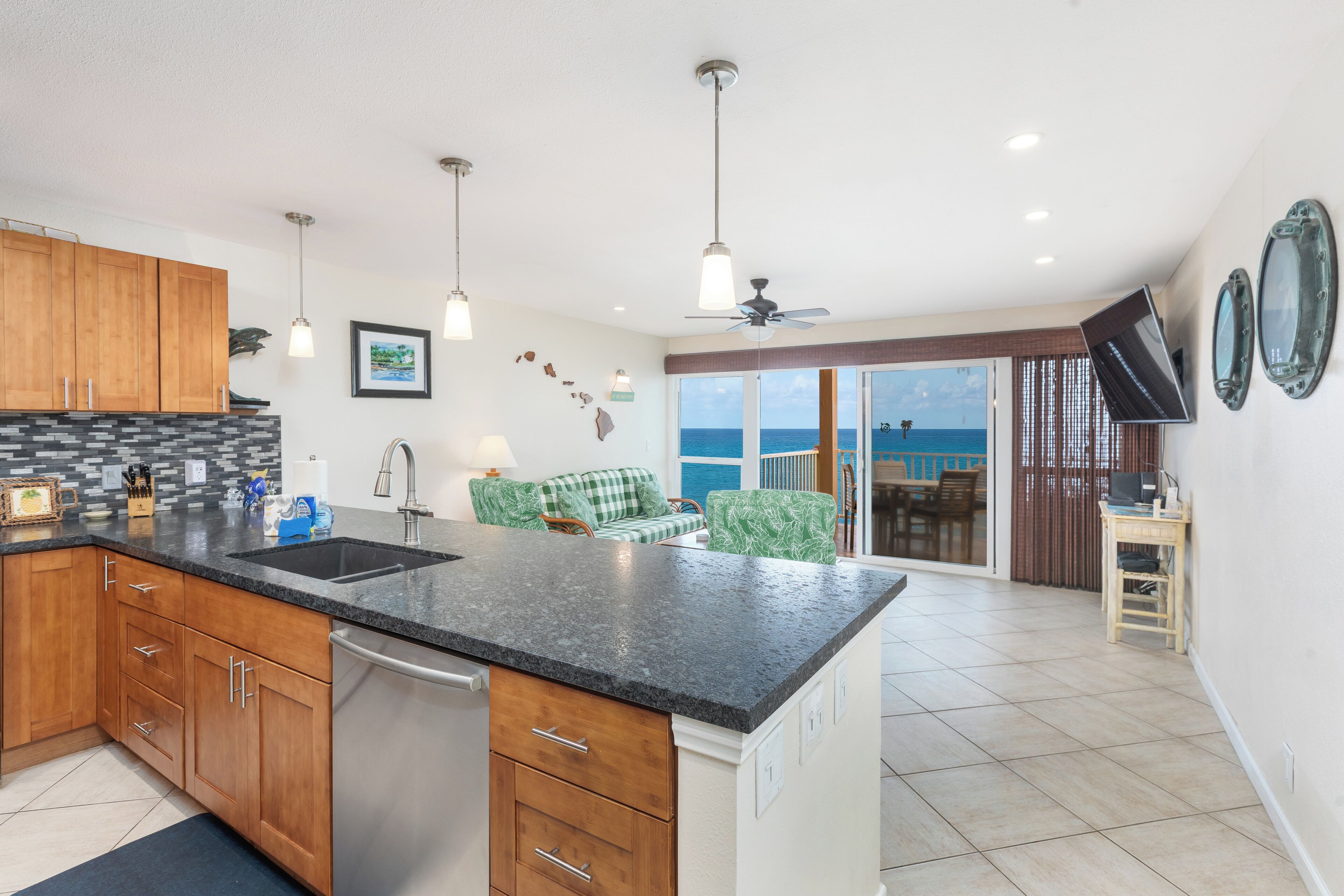 Beautiful ocean view from the kitchen and living room.