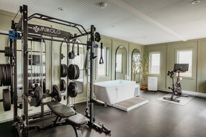 Complete home gym with cold plunge, Peloton, Smith machine, free weights.