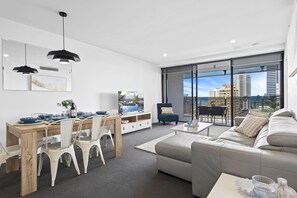 Sophisticated dining area is right next to the balcony