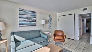 Living Room has a sleeper sofa and murphy bed