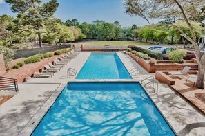 Two great heated swimming pools just around the corner from the house. The pools  are 5ft and a 3ft for kids. Lots of lounge chairs and bathrooms. Covered gazebo above.