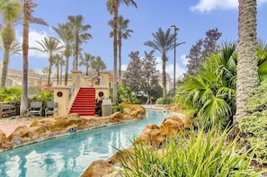 Features a heated resort pool, lazy river, and water slide, providing guests with a relaxing and enjoyable aquatic experience.