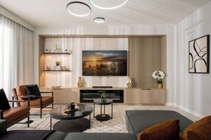 Stunning luxury living room with stylish decor features an electric fireplace and inviting pool view.