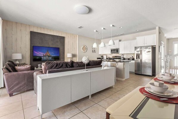 Absolutely charming view of kitchen, living room and dining area