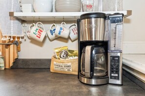 Coffee setup and a fun mix of mugs