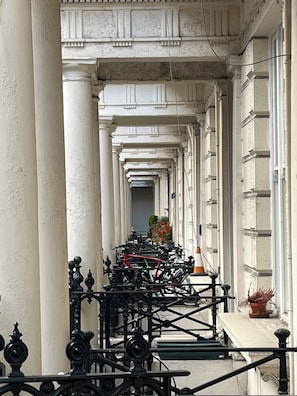The classic central London pillars view at the entrance