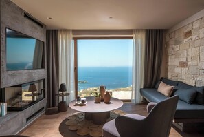 The living room features a plush sofa (0.80m x 2.00m) that can host an additional guest, a 55” TV, a cozy fireplace, and a SONY Bluetooth speaker
