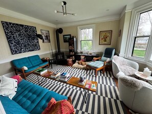 Living room with wood stove